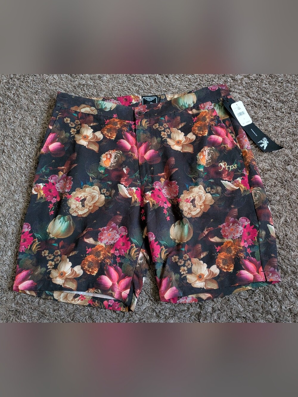 NWT PRPS Floral Gold Finch 9" Black Rayon Stretch Shorts Men's 36W